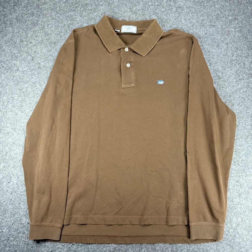 Southern Tide The Skipjack Polo Shirt Mens‎ L Long Sleeve Brown Fish Logo